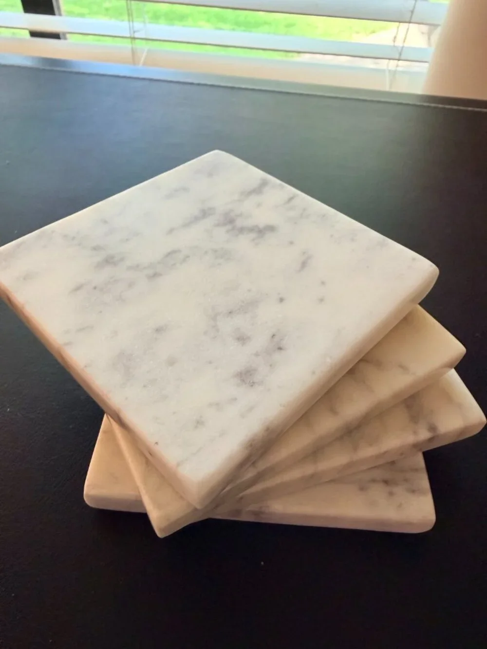 White Carrara Style Marble Square Coasters Set of 4 Gray Veining Padded Feet